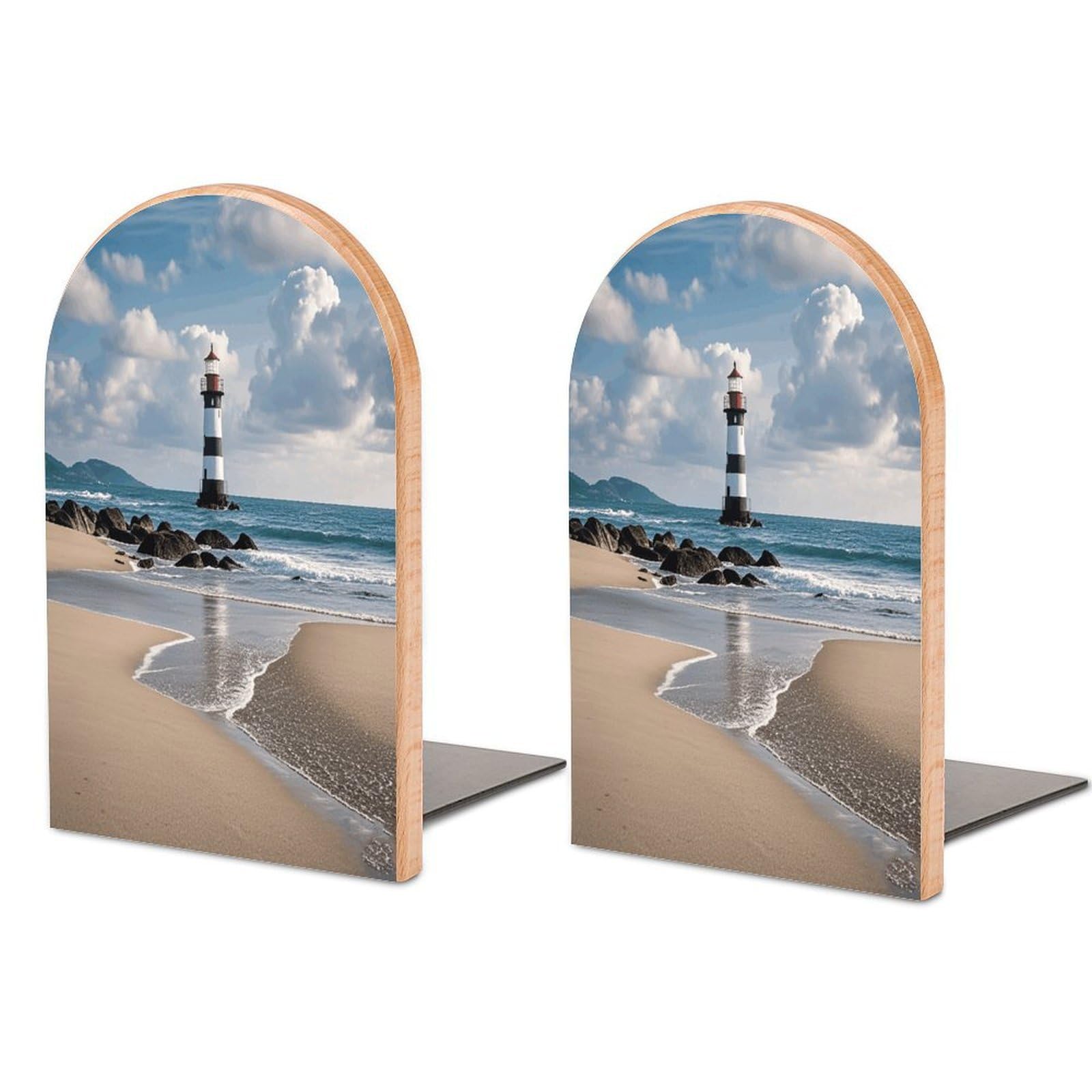 Sea Lighthouse Sandbeach Bookend for Shelves Decorative 1 Pair Modern Wood Book End Universal Economy Bookend with Metal Base Heavy Duty Non-Slip Book Organizer for Home Office