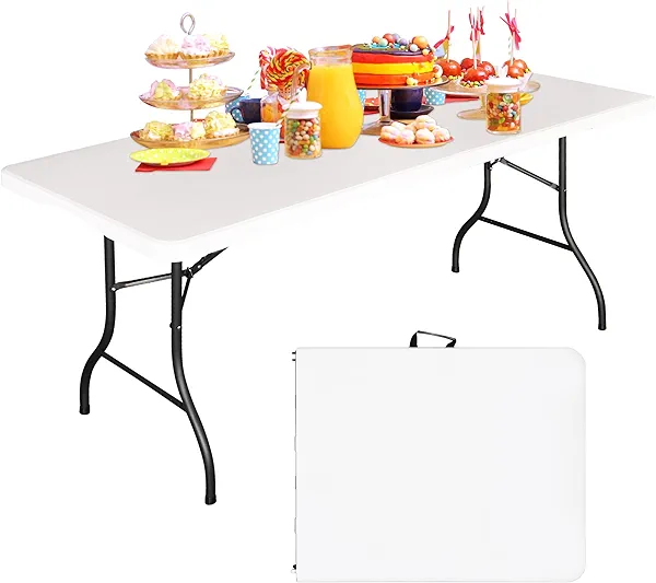Bblife 6FT Folding Tables Heavy Duty Folding Table, Multi-Functional Fold up Table for Outdoor Camping Picnic Parties, Indoor Events White Training Table with 330lbs Static Weight Capacity