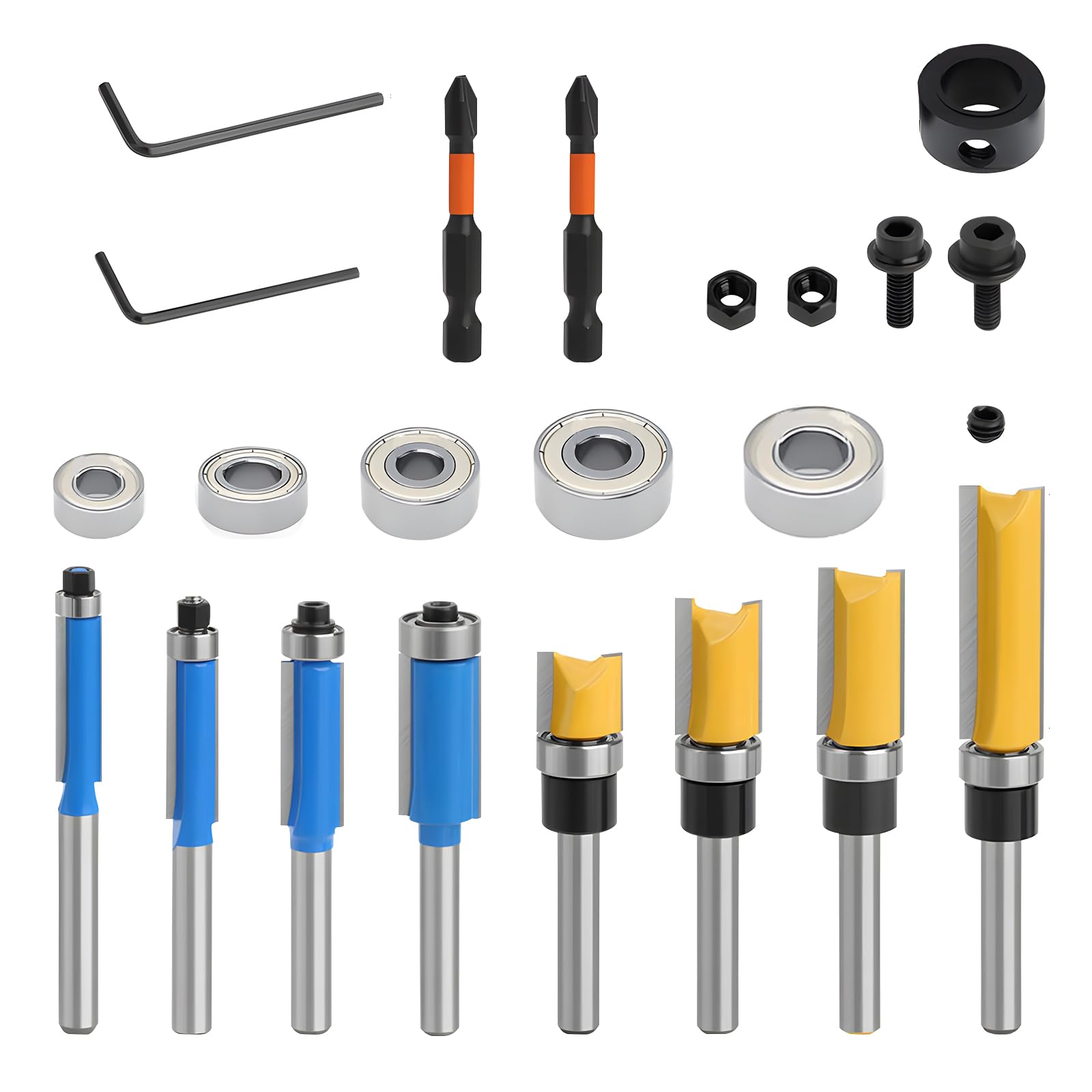 Yuqutum 16 Pcs Router Bits Set, 1/4" Shank Carbide Flush Trim Router Bits with Top Bearings, Ideal for Woodworking & Templates