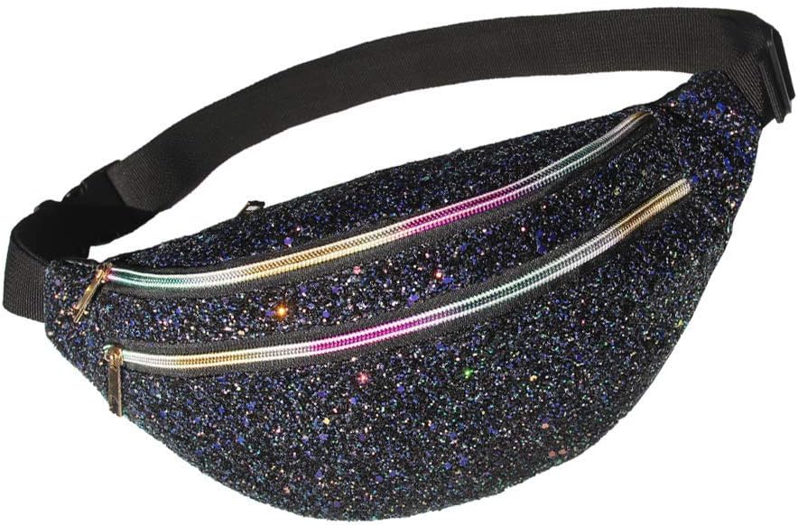 MHJY Fanny Pack for Women, Glitter Waist Bag Shiny Waist Pack with Adjustable Belt for Outdoor Sports Running Travel Festival Waist Bag,Glitter Black