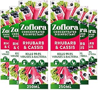 Zoflora Rhubarb & Cassis 6pc x 250ml, Concentrated 3-in-1 Multipurpose Disinfectant Kills 99.9% of Bacteria & Viruses