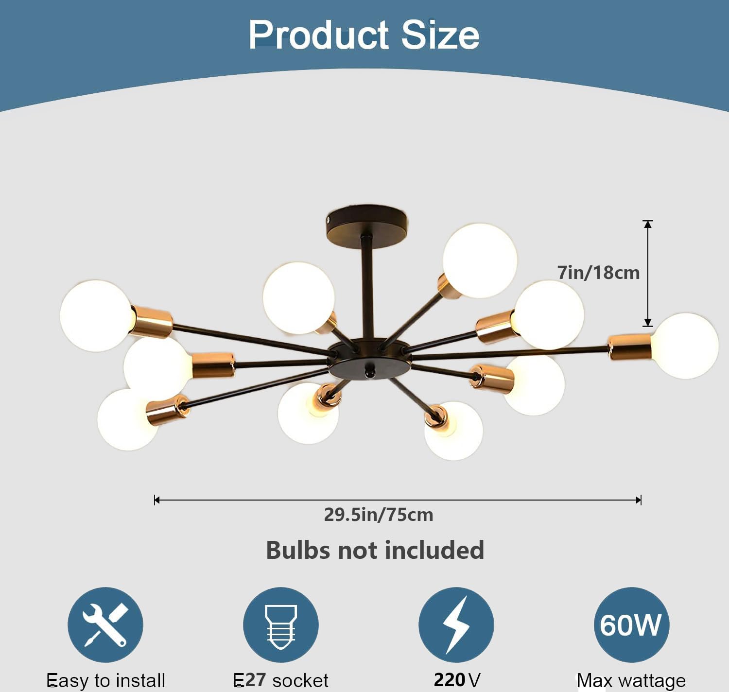 Sputnik Kronleuchter Deckenlampe, 10-Licht E27 Pendelleuchte Hängelampe Moderne Schwarze LED Deckenleuchte Industrie Kronleuchter Wohnzimmerlampe für Küche Schlafzimmer Wohnzimmer Esszimmer