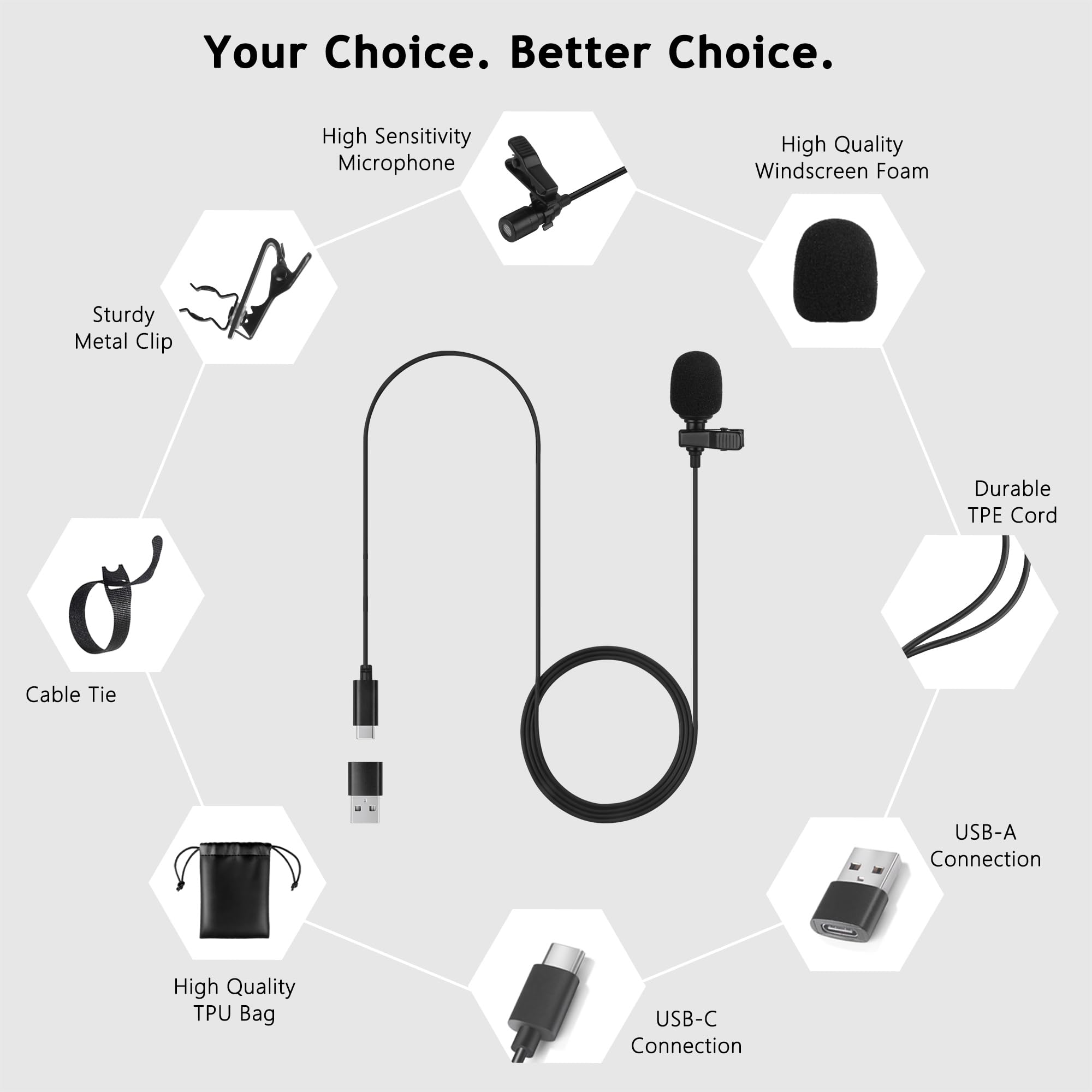 Micrófono Lavalier USB C, micrófono de Condensador Omni para iPhone 17/16/15, Samsung, Google, Oneplus, con USB-A para computadora y portátil, 6.6 pies, micrófono de Solapa Externo para Youtube