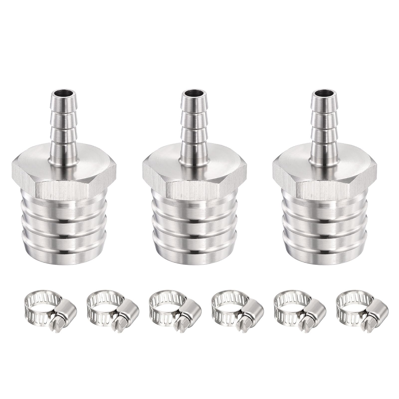 METALLIXITY 3pcs 304 Stainless Steel Hose Barb to Adapter 1"(25.5mm) Barb x 3/8"(10mm) with 6pcs Hose Clamp for Automotive, Motorcycle, Marine, Truck, RV Fuel Systems