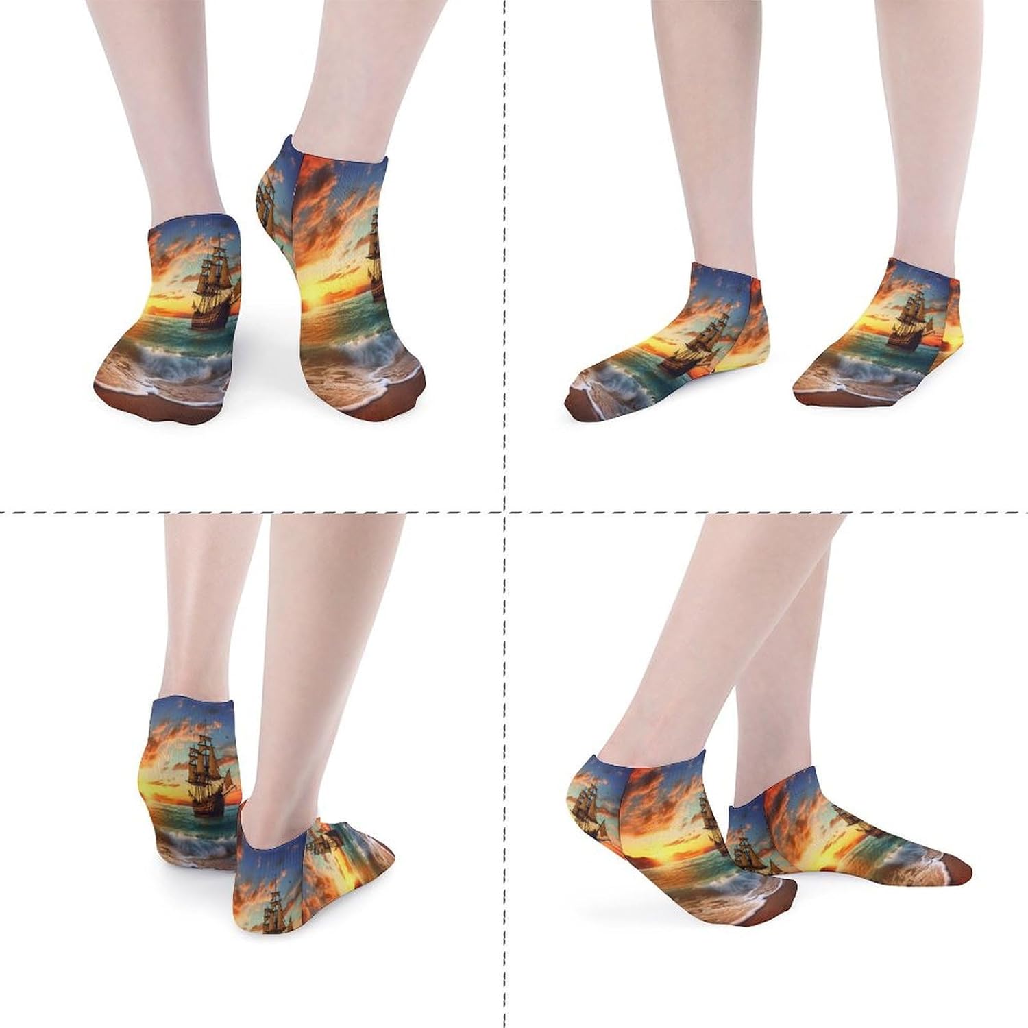 Women's Thin Elastic Socks Low-top Sports Invisible Pirate Ship in The Sunset Printed Ankle Socks 5 Pairs Suitable for Travel Commuting Outdoor