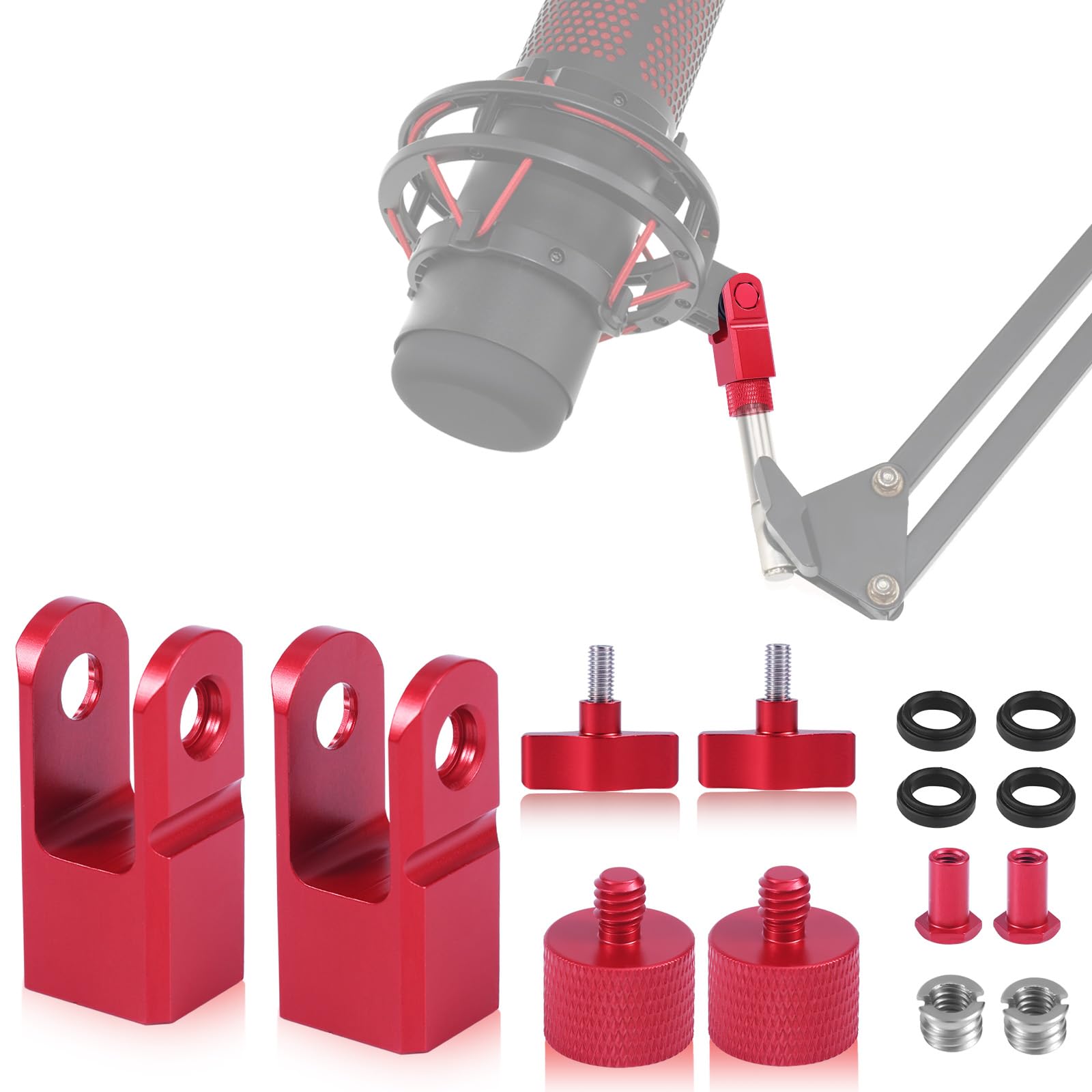 BOXOB 2 Set Metal Microphone Mount Adapter for Hyperx Quadcast Compatible with Hyperx Quadcast Microphone Stand & Boom Arm with 3/8" or 1/4" Screw Adapter Replacement Accessory for Mic (Red)
