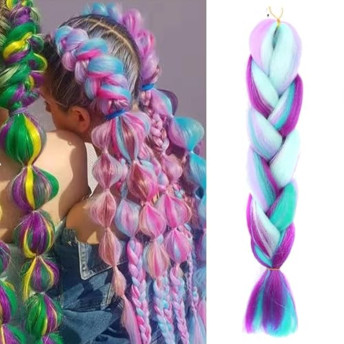 Cabello trenzado de mezcla de fibras sintéticas sedosas, tamaño jumbo, colores de arcoíris azul, morado claro y rosa, extensiones de cabello