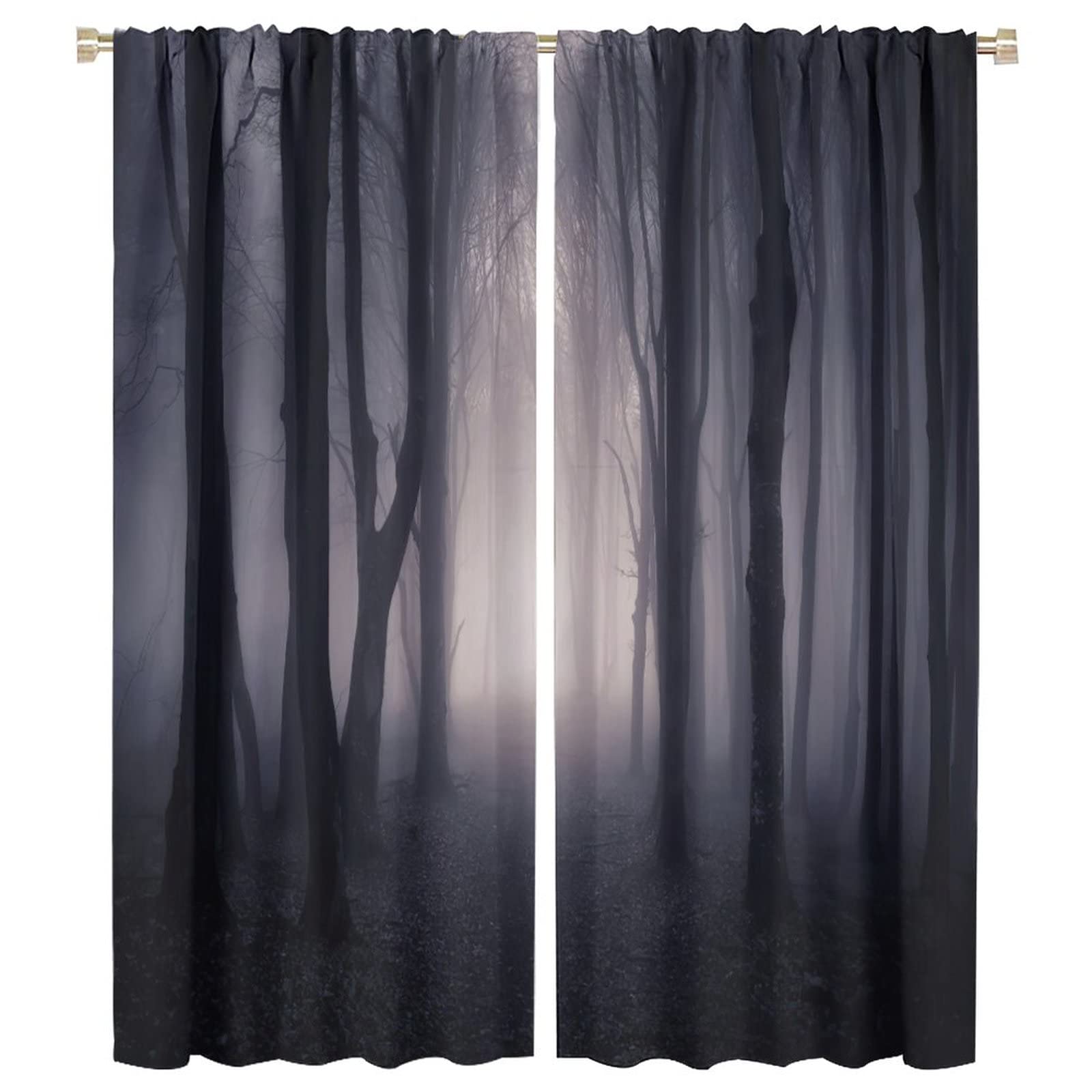 Misty Forest Window Curtains,Trees Heavy Foggy Nature Landscape Abstract Gothic Dark Gray Art Room Darkening Thermal Insulated Window Curtain 2 Panels for Living Room Bedroom Decor W42xL54in