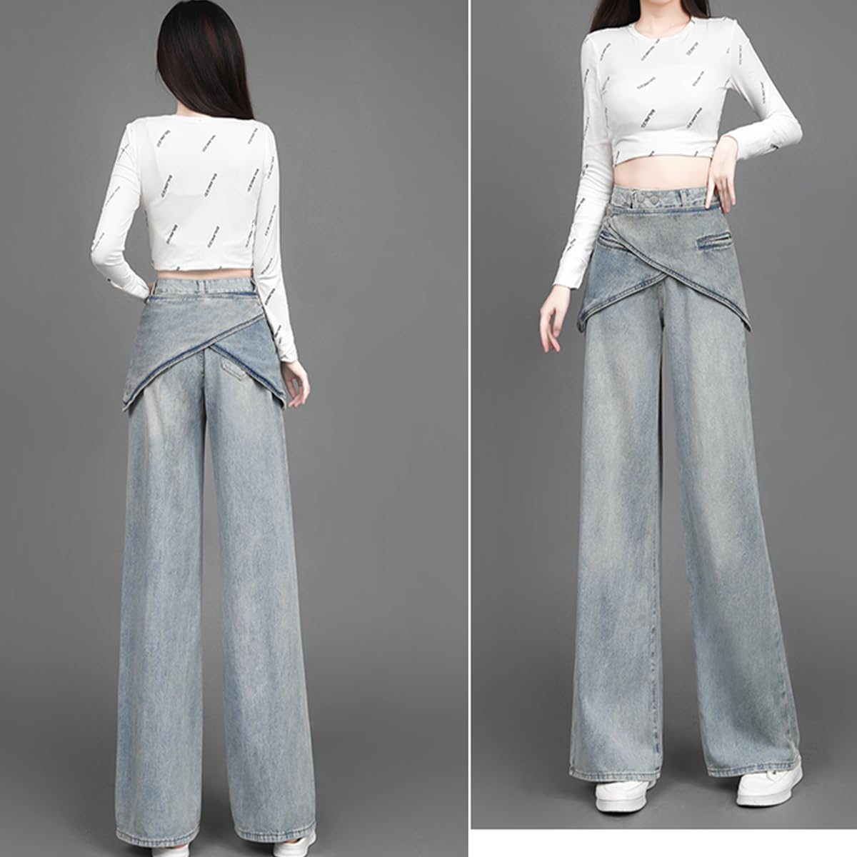 Fashion Casual Straight High Waisted Baggy Jeans Y2K Gradual Waist Skirted Patchwork Wide Leg Denim Pants - Image 5