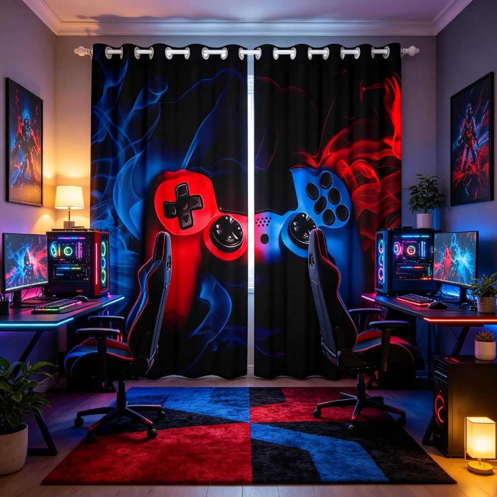 Loussiesd Gaming Thermal Curtain for Boys Bedroom Gamer Window Treatments Video Game Gamepad Window Drapes Light Reducing Soft Curtains with Grommet Red Blue Game Controller W66*L90 — image 1