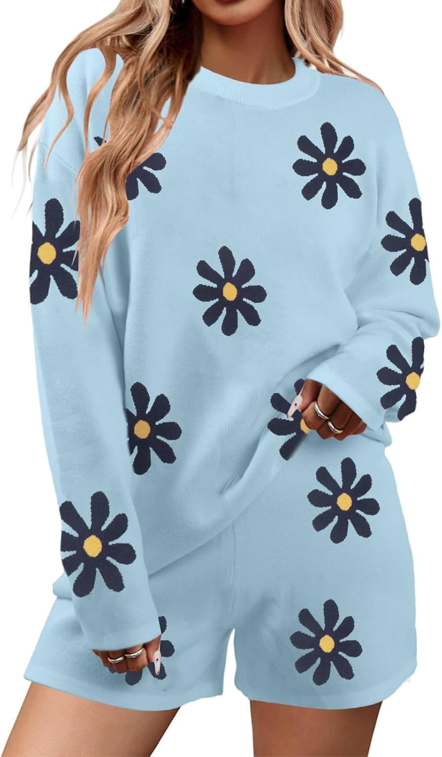 MYHALF Valentine's Day Sweater Sets Heart Sweater for Women Long Sleeve Knit Sweater and Shorts 2 Piece Outfits