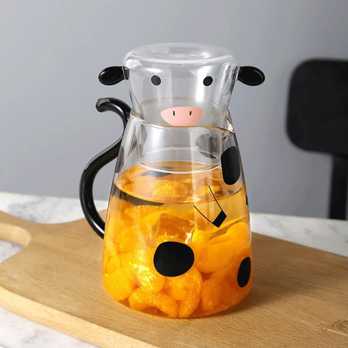 Jarra de Agua Fría de Vidrio 1800 Ml Diseño de Vaca y Taza Apilable Juego de Jarras de Cristal para Hogar y Restaurante Resistente al Calor y Frío Decoración Divertida para