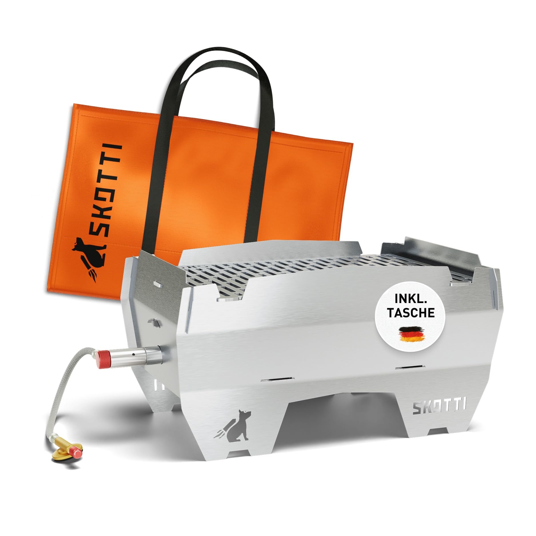 SKOTTI® Grill Gas - kleiner faltbarer Camping Gasgrill für Gaskartuschen | Steckbarer Campingkocher zum Grillen und Kochen - ideal für Camping, Festivals oder den Balkon