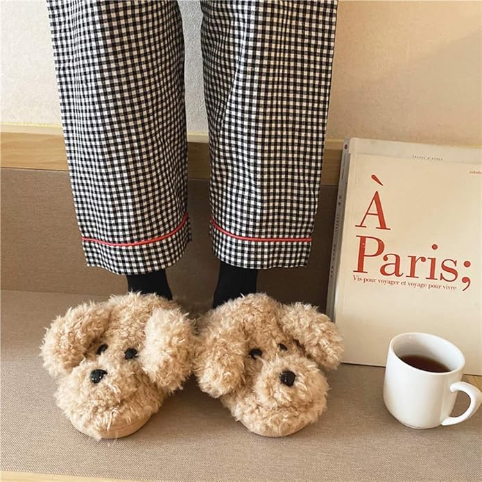 Plush Cute Indoor/Outdoor Slippers - Teddy Dog Style, Non-Slip Sole, Washable - Girls' Spring/Autumn/Winter (Khaki, Size 5-6.5)3