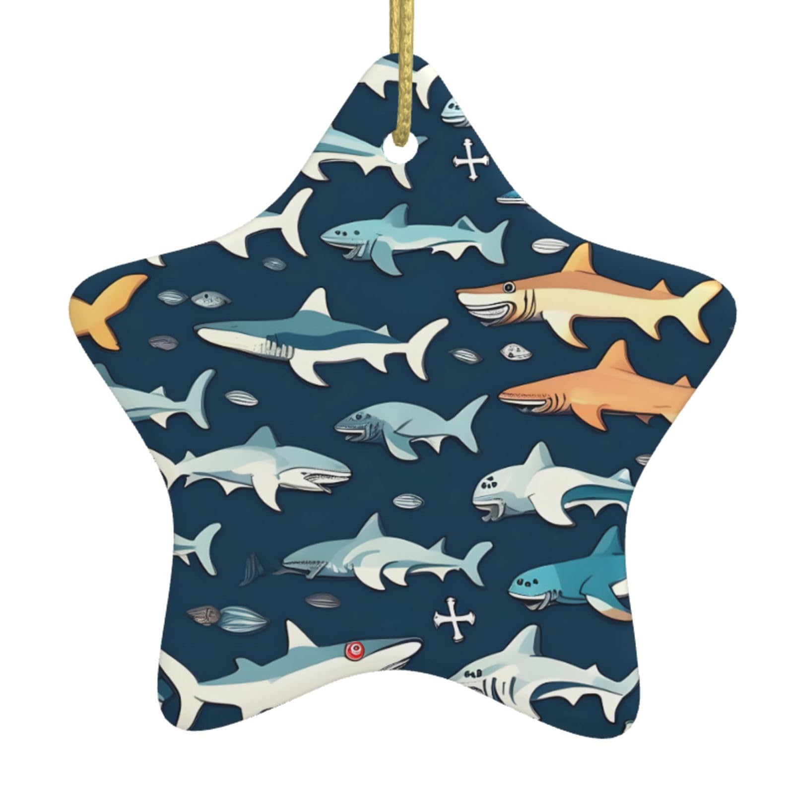 Nbtghga White Sharks Nautical Print Christmas Ornaments, Ceramic Hanging Ornament, Round Shape Decorations