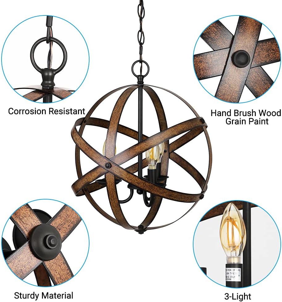 DEWENWILS Farmhouse Pendant Light, Vintage Ceiling Light Fixture 3 Light, Industrial Metal Globe, Wood Grain Paint, with Adjustable 5FT Cord, for Kitchen Island, Living Room, Entryway, Stairway