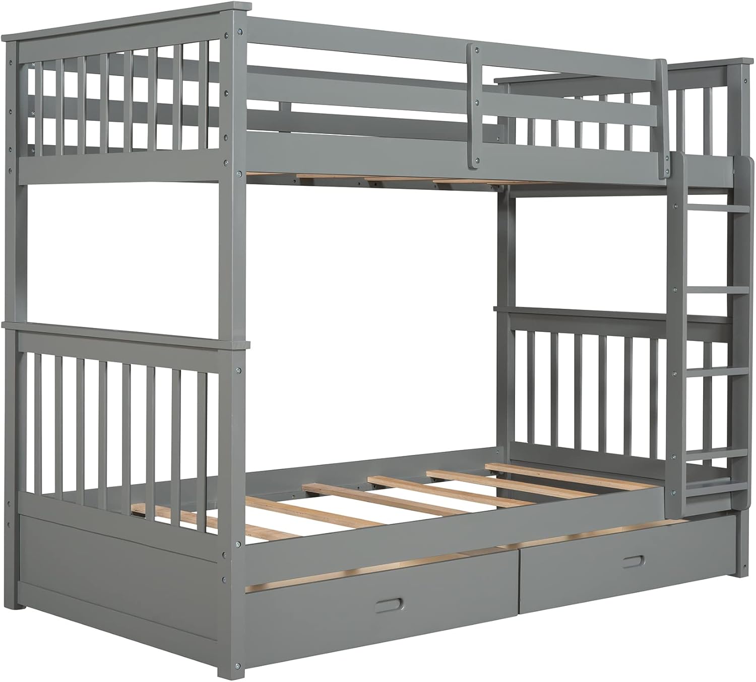 Angelukoa view of the MOEO Twin Over Twin Bunk Bed, highlighting the two pull-out storage drawers.