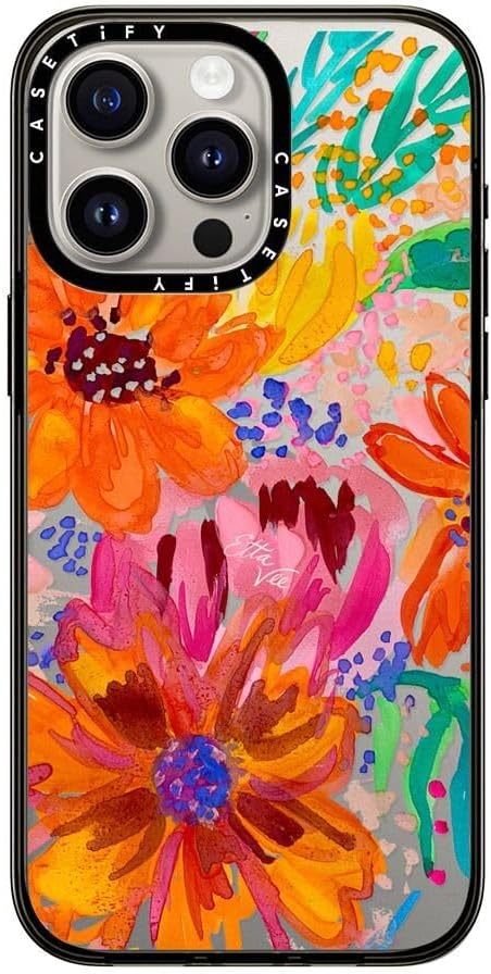 CASETIFY Compact Case for iPhone 15 Pro Max [Lightweight / 4 ft. 2X Military Grade Drop Protection/Slim] - EttaVee Watercolor Fleurs - Clear Black