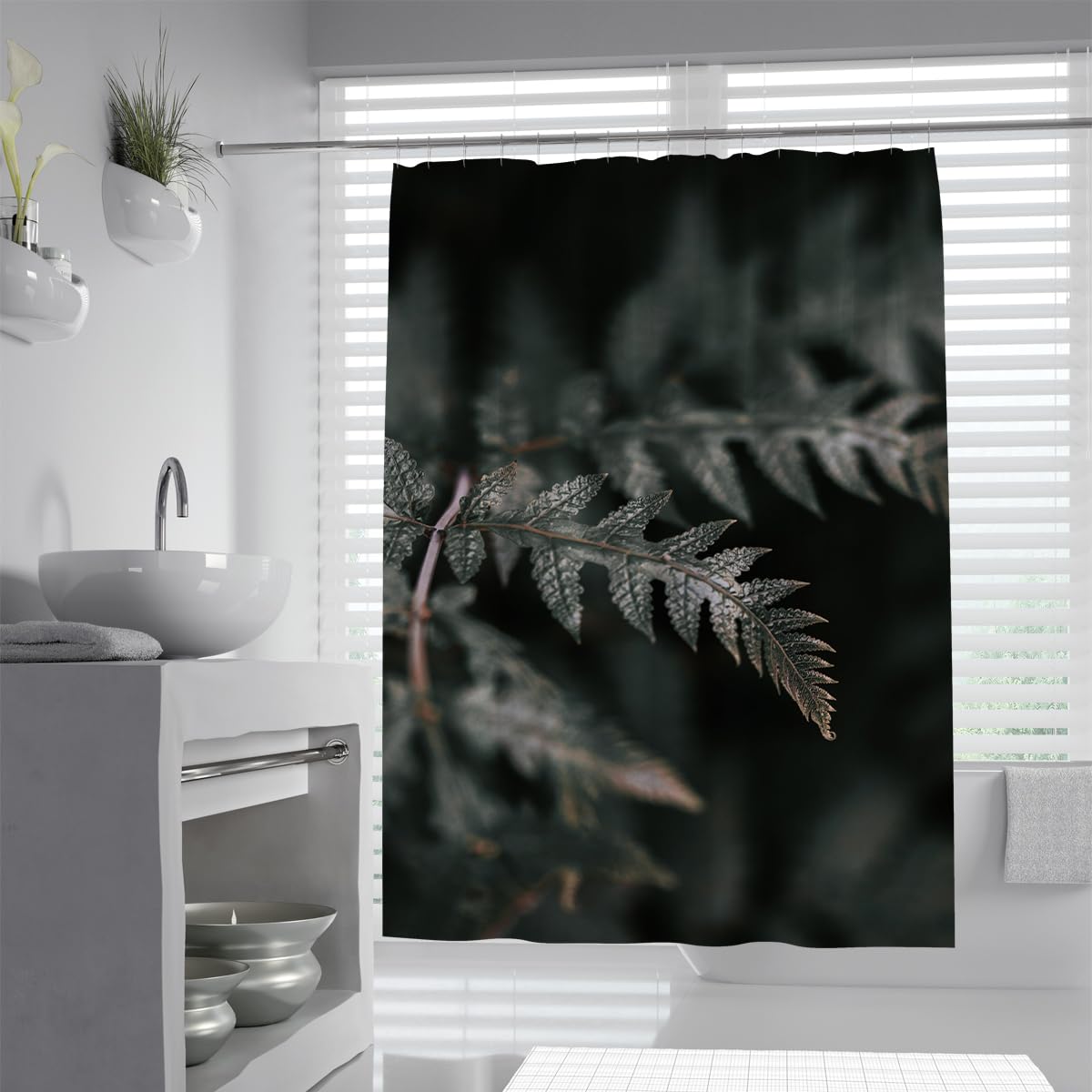 UIRINGART Dark Botanical Fern Bath Curtain W200xL220cm Goth Forest Jungle Fronds Pattern Waterproof Mildew Resistant Bath Enclosure with Hooks
