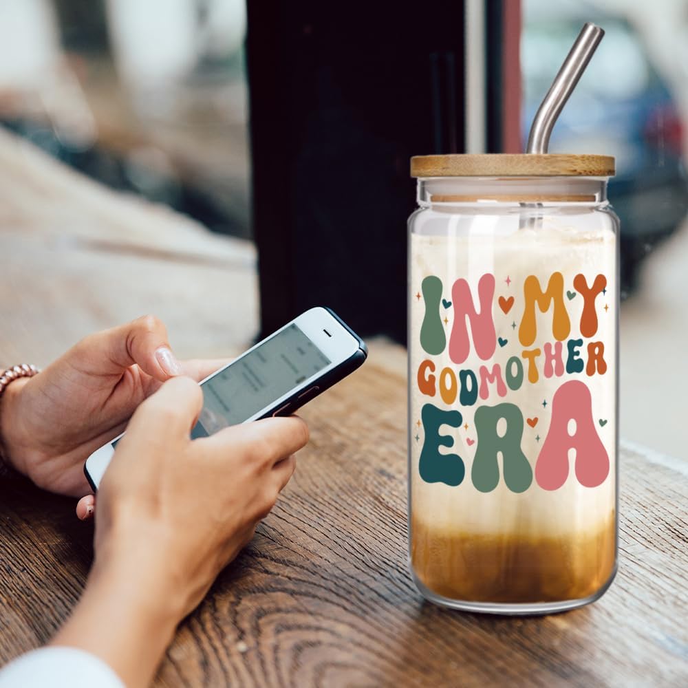 Godmother Proposal Christmas Gift for Women - In My Godmother Era 16oz Coffee Glass Cup with Lids Straws, Great Gifts for Birthday Thanksgiving Christmas from Godchild, Pregnancy Announcement Gifts - Image 4