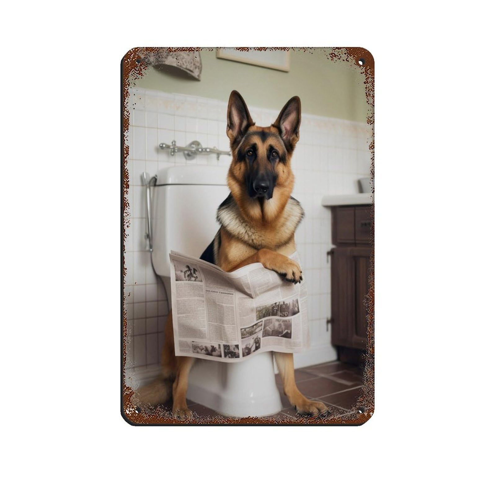 German Shepherd on Toilet Reading The Tin Sign Vintage Metal Pub Club Cafe Bar Home Wall Art Decoration Poster Retro 8x12inch(20x30cm)