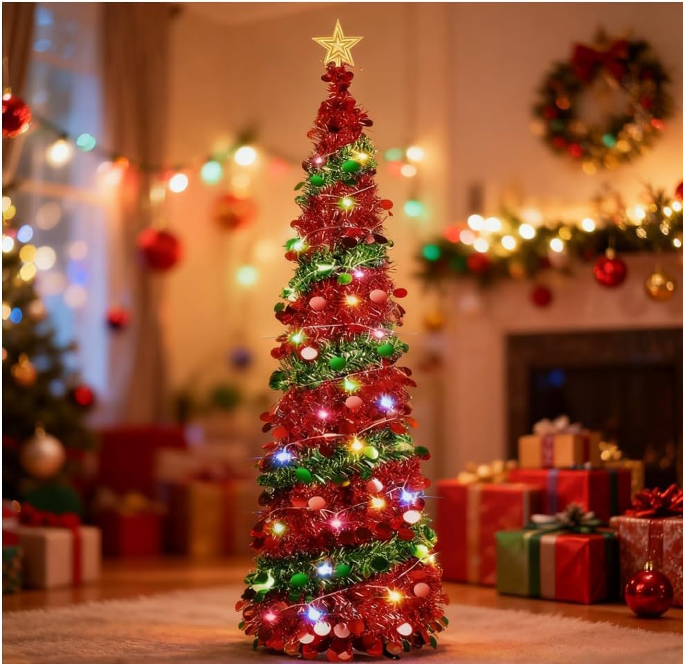 Gachiwar 5ft Pre-Lit Artificial Christmas Tree Christmas Tree With 50 Led Lights Ground-Mounted & Artificial Fake Slim Xmas Trees for Small Spaces & Holiday Decoration