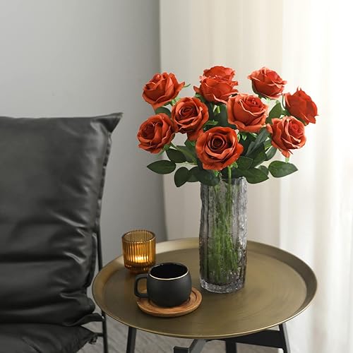 Miniatura 4 de Veryhome Flores artificiales, rosas de seda, ramo de novia de tacto real, para el hogar, jardín, fiesta, decoración floral, 10 unidades (rosa