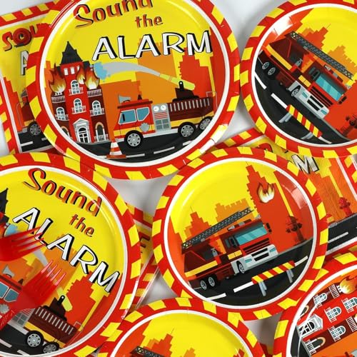 Image of 100 Pcs Firetruck Birthday Party Decorations Fireman Plates and Napkins for Firefighter Party Supplies Fire Truck Birthday Theme Disposable Dinnerware Set for Kids Fireman Party Favors Serve 25