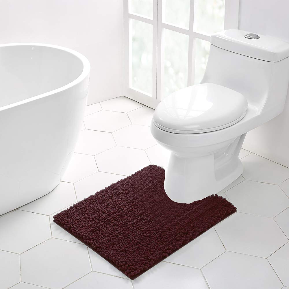WalenseeBathroom Contour Rug Non Slip Toilet U Shaped Bath Mat (20x24, Burgundy) Water Absorbent Super Soft Shaggy Chenille Machine Washable Dry Extra Thick Perfect Absorbant Best Plush Carpet