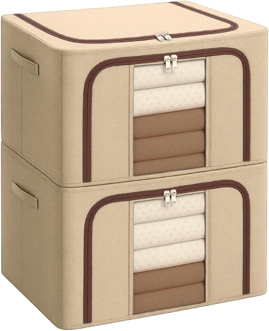 Kit 2 Caixas Organizadoras de Roupas 66L com Visor Transparente e Zíper Duplo | Dobráveis e Empilháveis para Roupas de Cama, Vestuário e Acessórios (Bege)
