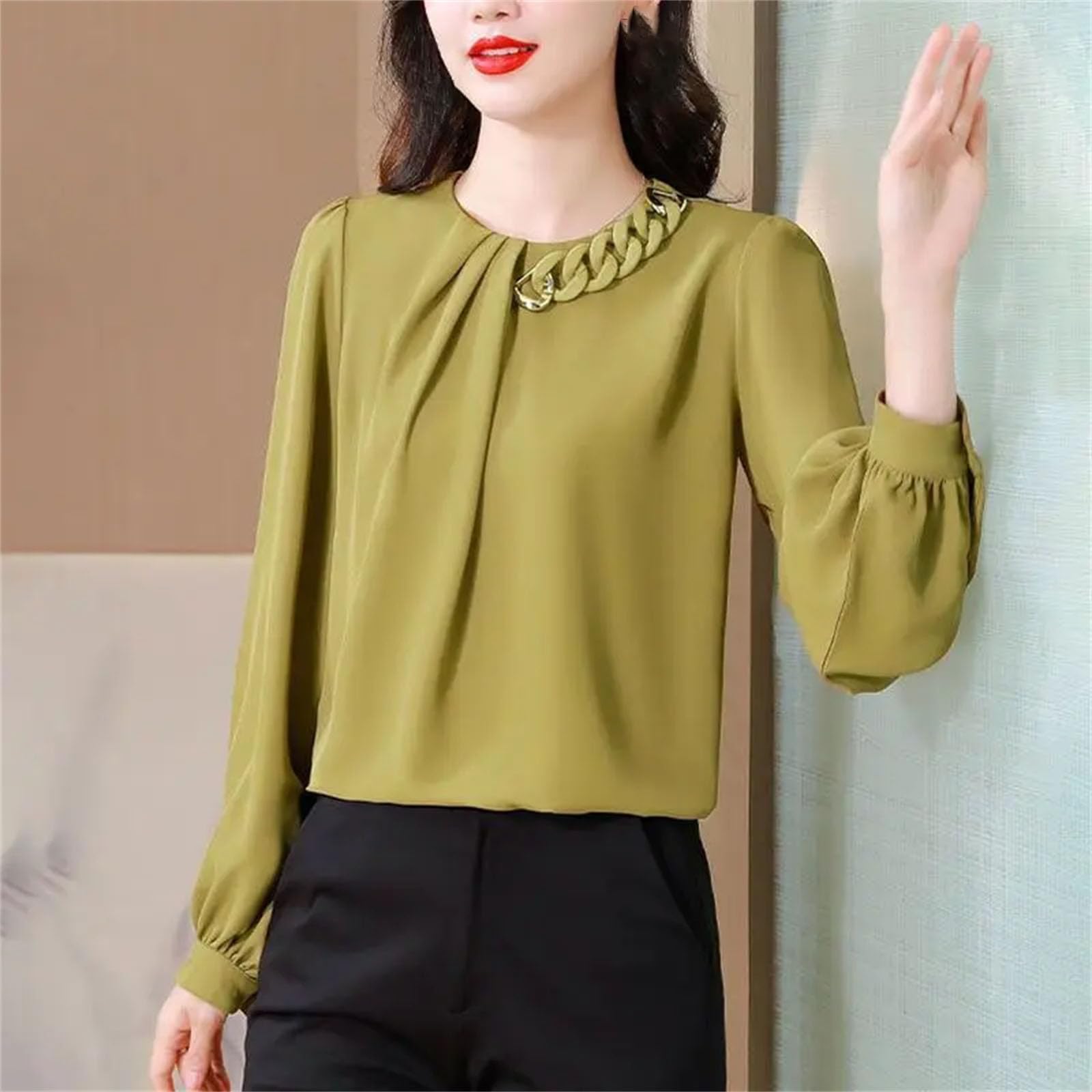 Camiseta de manga larga con cuello redondo para mujer, color liso, holgada, elegante, para uso diario