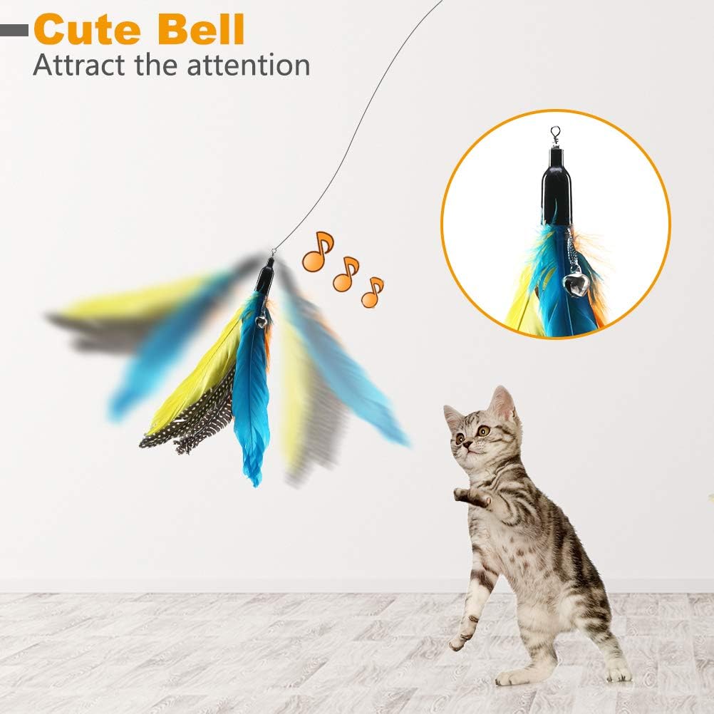 BINGPET Cat Feather Toys Replacement - 12 Pack Cat Interactive Toys for Indoor Cats, Multi Teaser Toys Refills with Bells for Cat Wands, Assorted Feathers and Soft Furry Tail