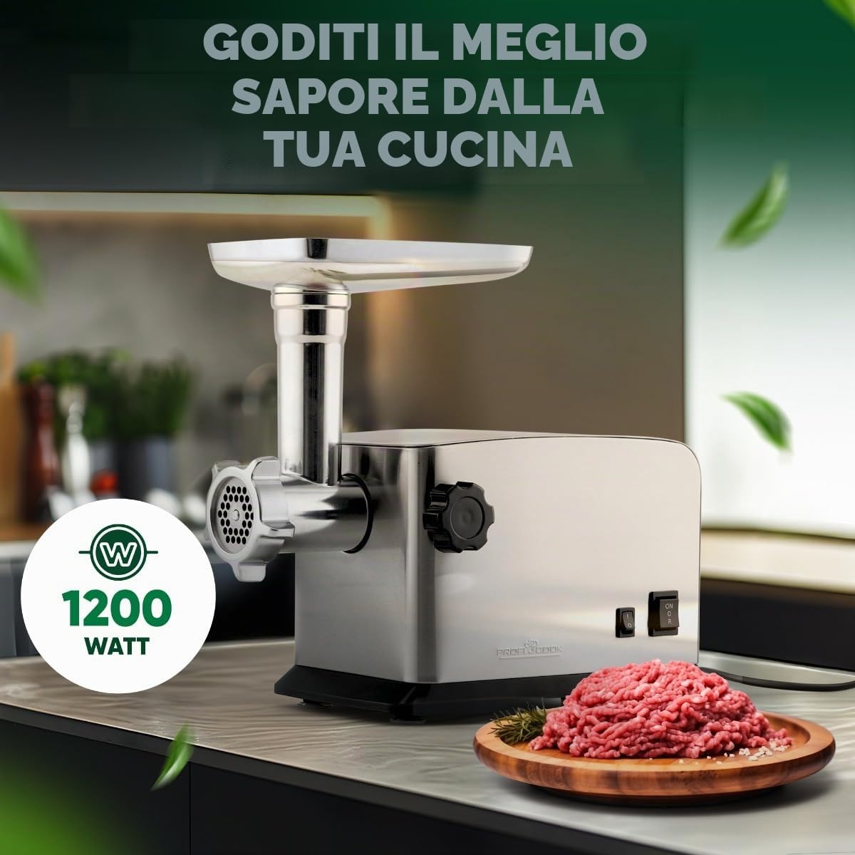 Tritacarne ProfiCook® 1200W | con attacco per biscotti/pasticceria | tritacarne elettrico | avanti e indietro | incluso insaccatore per salsicce | collo in metallo e vite senza fine | PC-FW 1272