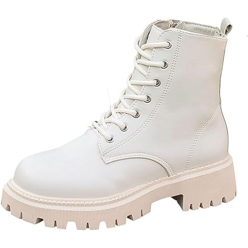 Women Platform Ankle Booties Lace Up Round Toe Combat Boots Lug Sole Non Slip Western Bootie with Side Zip