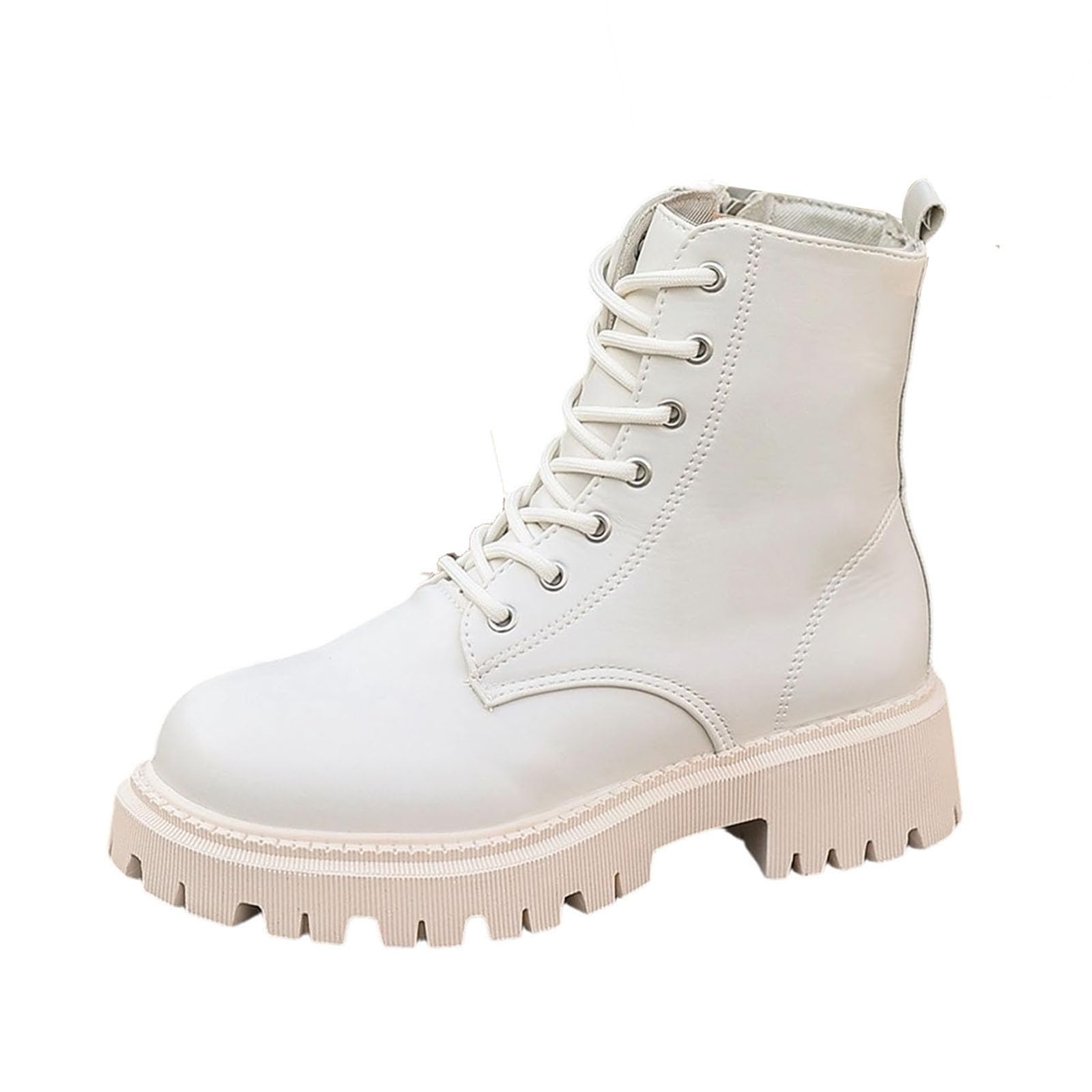 Women Chunky Thick Low Heels Combat Lug Sole Ankle Boots Platform Booties Side Zipper Motorcycle Booties