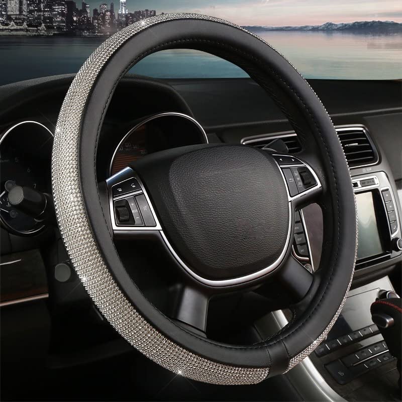 Cubre Volante Coche Cubierta brillante para volante de coche, cubiertas para volante de cuero PU con diamantes de imitación de cristal para mujeres y niñas, accesorios para automóviles Volante Coche P