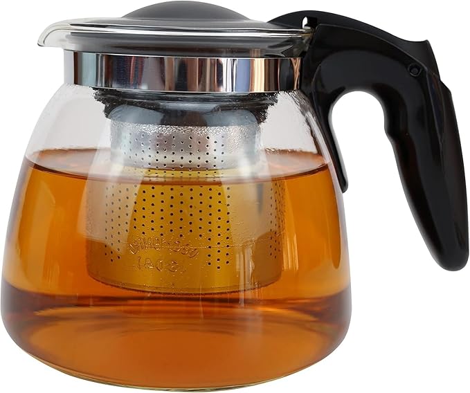 KELVEE Borosilicate Round Glass Kettle with Plastic Handle Lid 1 Liter Gas Stovetop Safe Tea Pot with Heat Resistant Stainless Steel Infuser Perfect for Loose Leaf Tea (Black - 1 Liter)