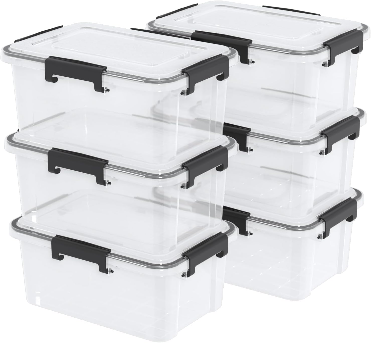 12 Quart Clear Plastic Storage Box with Gasket Seal Lid, Set of 6 Stackable Plastic Storage Bins with Secure Latching Buckles