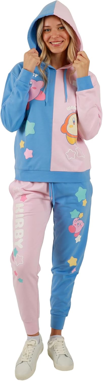 Bioworld Kirby and Waddle Dee Pink and Blue Color Block Hoodie and Jogger Combo