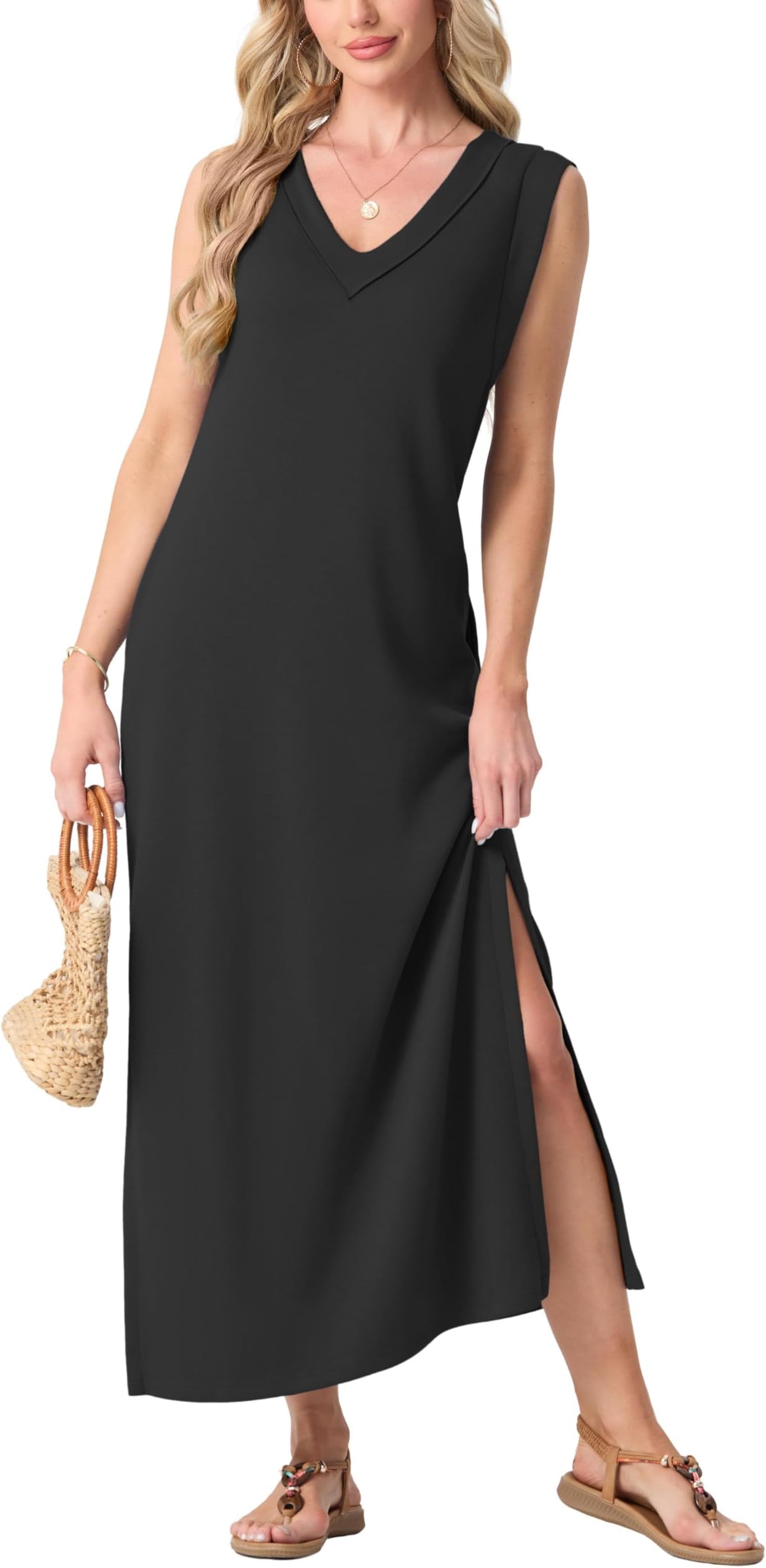 2026 Women Summer Inside-Out V-Neck Casual Loose Split Wrinkle-Free Long Maxi Beach Dress with Pockets