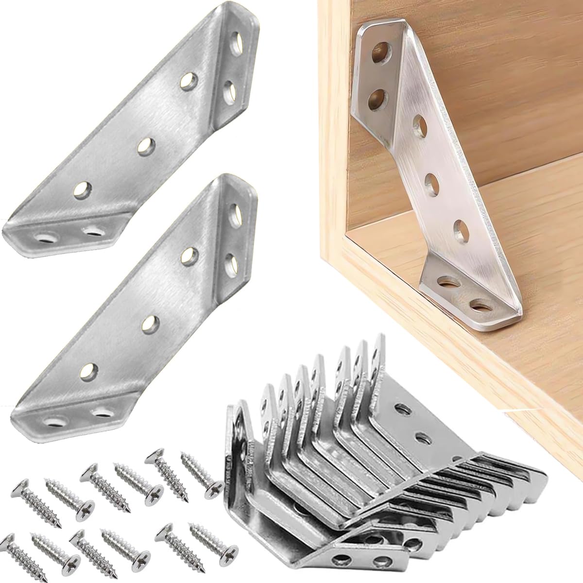 10 PCS Universal Stainless Steel Furniture Corner Connector, Angle Fasten Connector Furniture Triangle Support Frame, Heavy Duty Angle Shelf Brackets for Wood Trapeziform Corner Brace