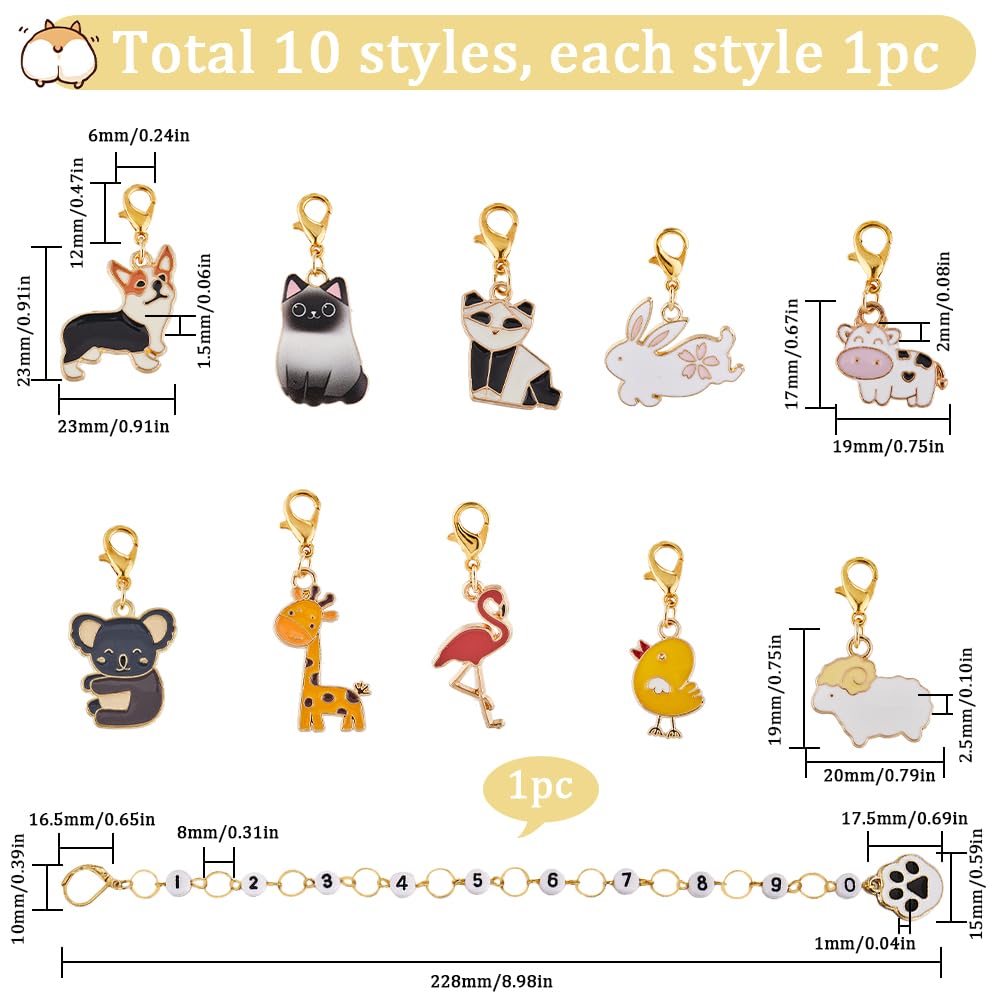SUNNYCLUE 1 Box 11Pcs Knitting Stitch Markers Locking Knitting Marker Cartoon Animals Number 0-9 Knitting Row Counter Chains Enamel Crochet Stitch Marker Set for Knitting Weaving Sewing DIY Supplies
