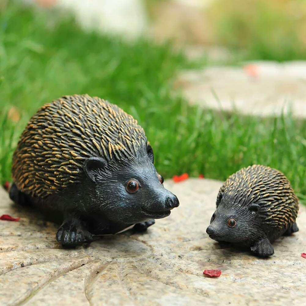 Mini figurka jeża, bajkowa statuetka ogrodowa, trawnik, miniaturowy krajobraz, zwierzę na zewnątrz, mała dekoracyjna rzeźba na patio, podwórko, ogród, dom lub biuro, czarna, 2-częściowy zestaw