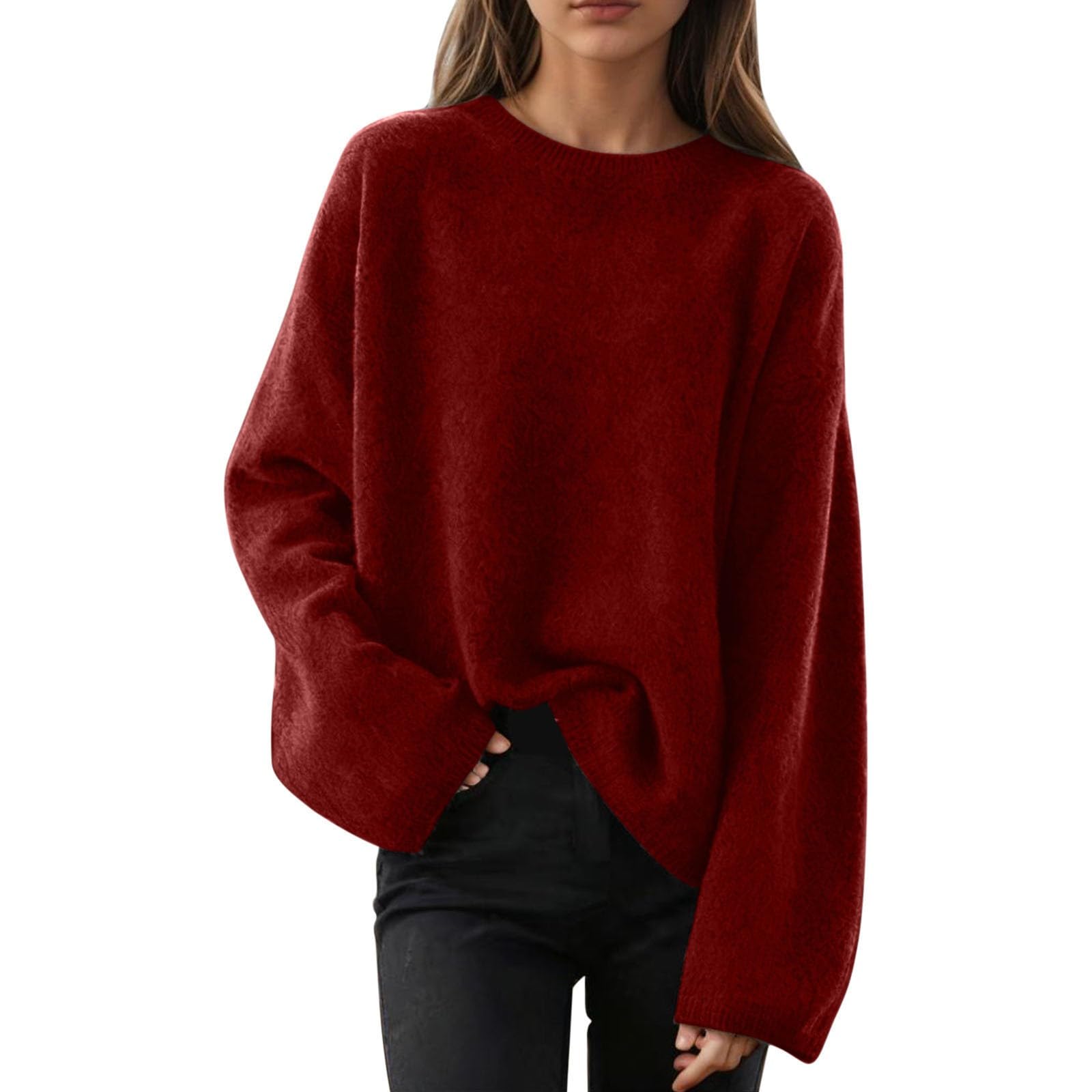 Women Oversized Knit Sweater Warm Long Sleeve Round Neck Tunic Pullover Tops Loose Fit Fashion Fall Winter Shirts