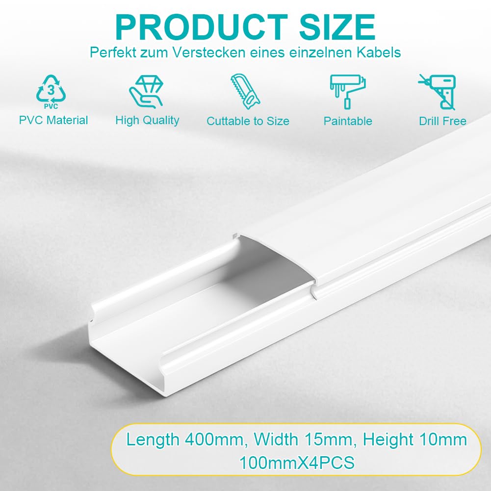 4 Pezzi Canalina Coprifili, 100mm*15mm*10mm Kit di Canaline Passacavi, Canalina Passacavi Muro, Nascondi Cavi per Televisivi, Canaline Per Impianti Elettrici, per Computer A Casa O In Ufficio