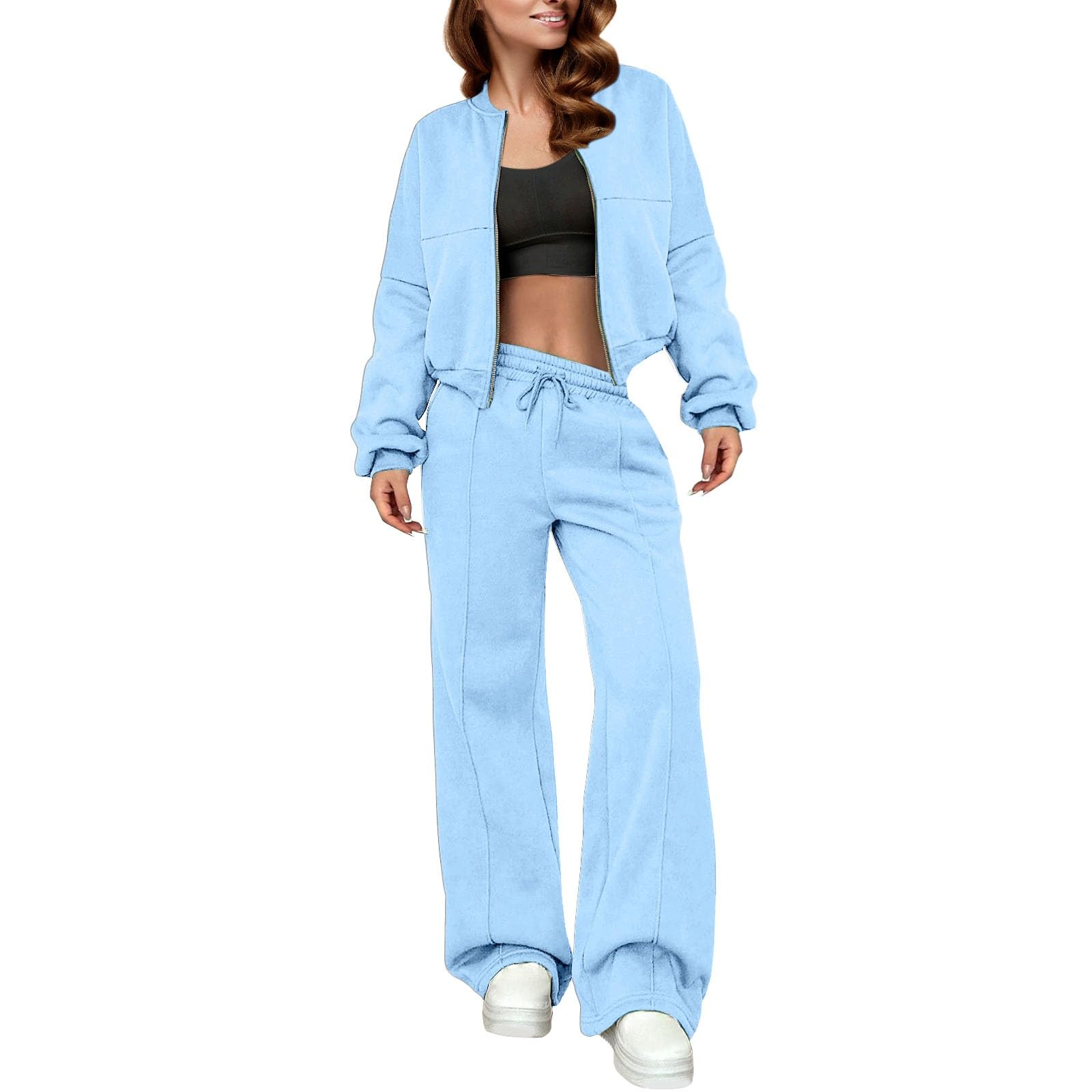 Survêtement de loisirs pour femme - Veste de jogging douillette - Avec fermeture éclair - Manches longues - Couleur unie - Printemps - Tenue de loisirs - Ensemble de loisirs - Tenue de maison