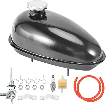 Trkimal Upgrade Metal Fuel Gas Tank with Petcock Cap for 49cc 50cc 60cc 66cc 80cc Engine Motorized Bicycle Black Bike Motor Powersports Oil Tanks 3L/0.79Gallons