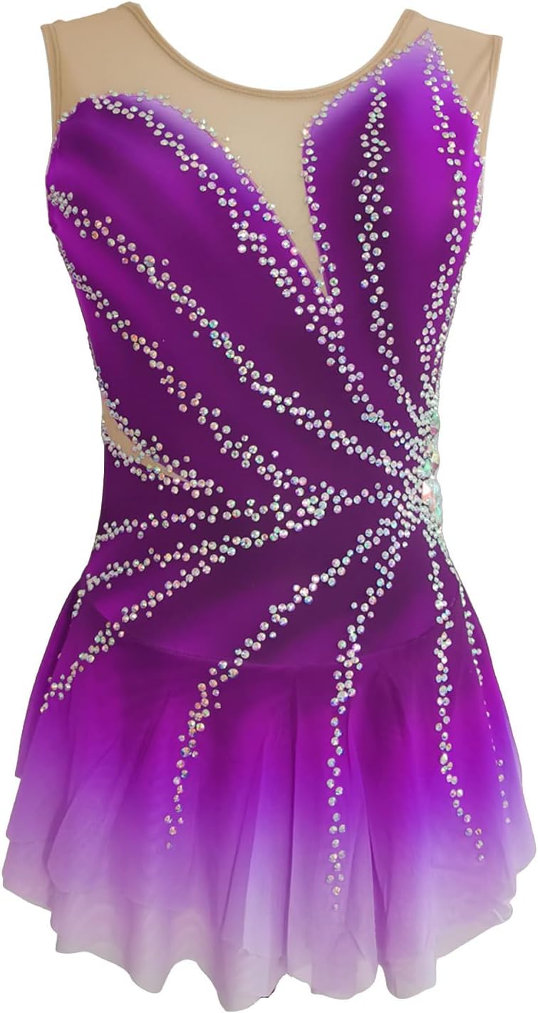 LIUHUO Ice Figure Skating Dress Girls 'Womens Long Sleeve Competition Elegant Handmade Diamond Crystal