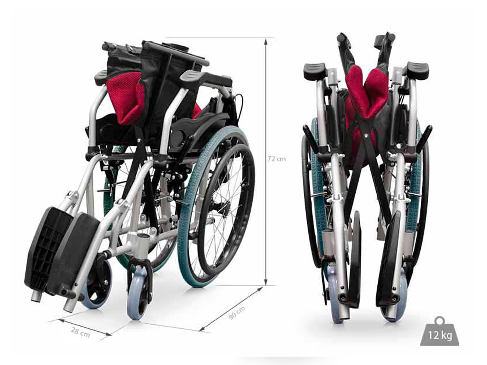 QUIRUMED - Silla de ruedas plegable PRO LIGHT de aluminio | Fácil de manejar y plegar | Reposabrazos fijos, Reposapiés abatibles | Frenos manuales, Negro y Rojo, Aluminio