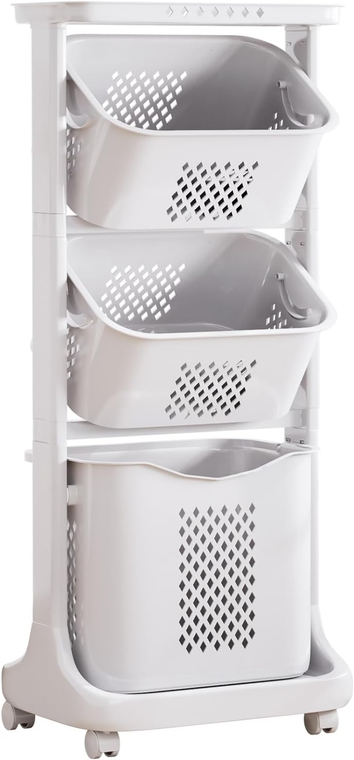 Wäschekorb Auf Rollen 3-fach - 123x26x32 Cm Metall Wäschesammler Mit Griffen